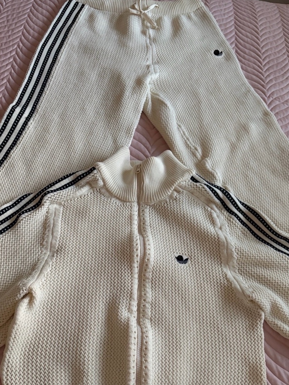 Women’s Cream Knit 2-Piece Tracksuit Set XL 3-Stripe Style Zip Jacket